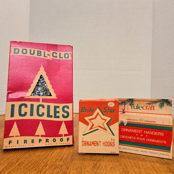 Rare 50s Christmas Packaging Lot, DOUBL-GLO Icicles BriteStar Box Hooks Included - Picture 1 of 6